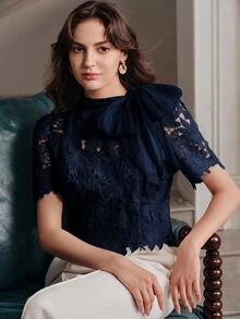 Anewsta Spring Summer French Gentle Style Beige Hollow Lace Bowknot Versatile Women's Blouse - Navy Blue - View 2