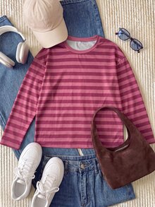 Comfortcana Plus Size Korean Style Minimalist Striped Colorblock Long Sleeve Crew Neck T-Shirt - Watermelon Pink - View 6