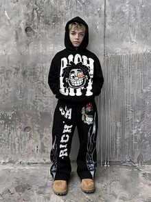 SHEIN 青少年男孩卡通印花連帽衛衣與寬鬆長褲套裝 - 彩色 - 查看 1