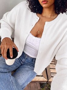 SHEIN BASICS 女款極簡復古單排扣長袖針織開襟衫 - 白色 - 查看 5
