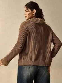 Nubod Plus Size Fitted Elegant Commute Patchwork Fur Collar Zip-Up Knit Cardigan - Brown - View 2