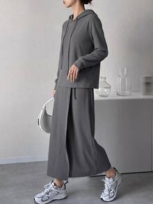 DAZY Solid Drawstring Hoodie & Split Hem Skirt - Grey - View 4