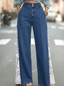 Balvessa Quần jeans ống rộng nữ size lớn cạp cao phối ren bên hông thời trang - Màu xanh lam - Xem 2
