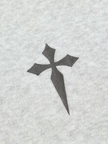 SHEIN 2件組青少年男孩街頭風十字印花灰色基本款拉鍊連帽衛衣與運動長褲套裝，舒適面料，適合秋冬、學校、家庭聚會、開學季、生日派對、拍照、度假、假期，運動風格，舒適易穿，適合戶外穿著 - 灰色 - 查看 3