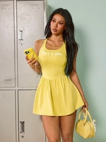 SHEIN Sovereign Charm Women's Slogan Print Back Cross Sleeveless Sports Dress With Shorts - Yellow - View 6