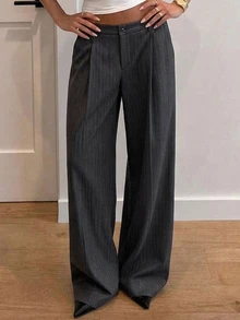 DAZY Women's Dark Grey Vertical Striped High Waist Pocket Pleated Loose Wide Leg Commuter Versatile Casual Long Pants - Black - View 8