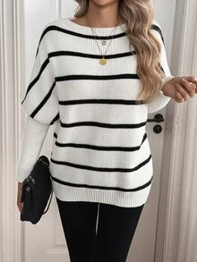 Sprig & Strand Women's Boat Neck Petal Sleeve Striped Two-Tone Sweater - Black and White - View 1