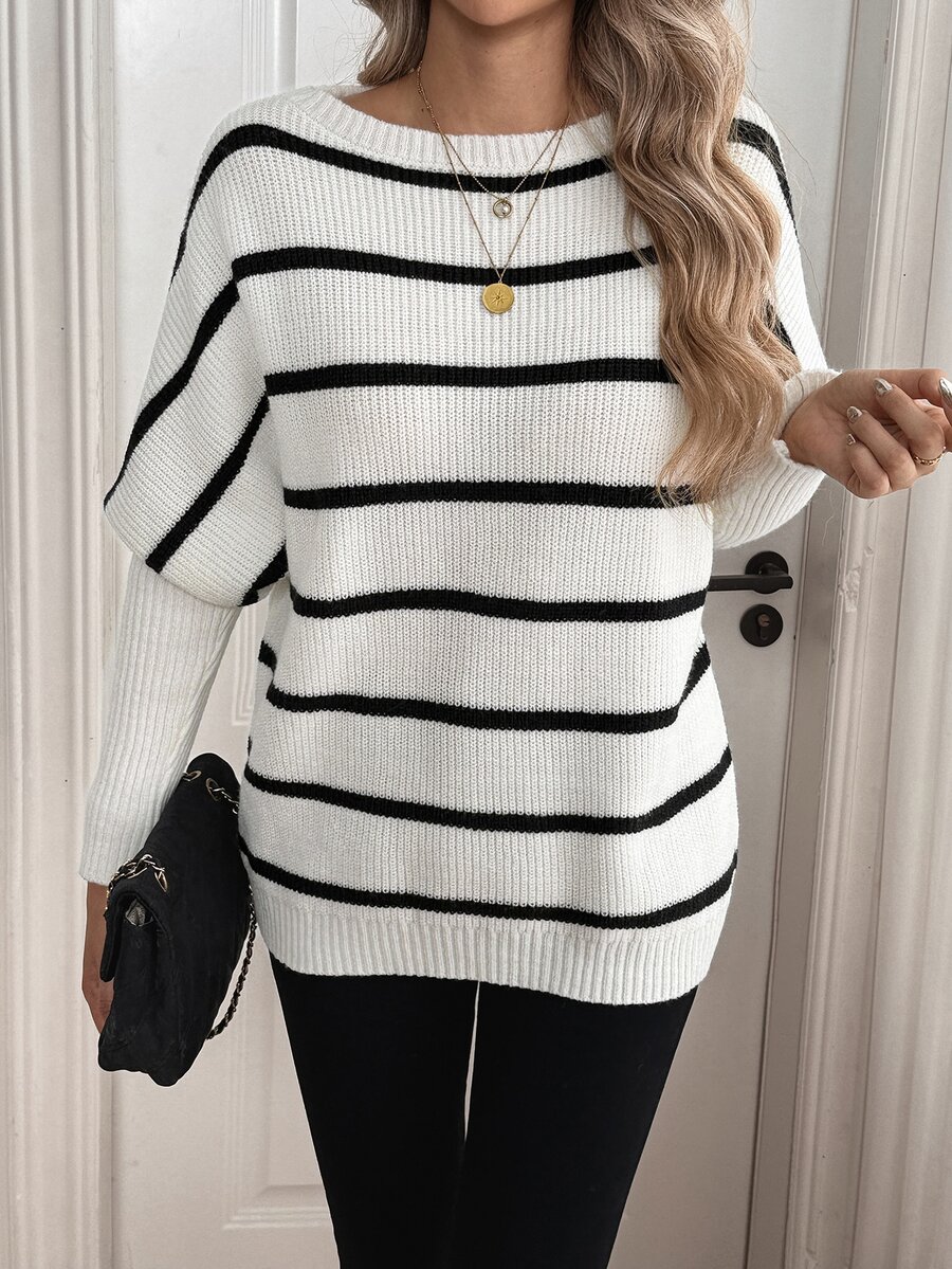 Sprig & Strand Women's Boat Neck Petal Sleeve Striped Two-Tone Sweater - Black and White - View 1