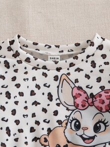 SHEIN Playful Pals 2件組幼女運動衫喇叭褲套裝，可愛白色粉色愛心豹紋兔熊荷葉邊蝴蝶結長袖圓領，適合假期秋季 - 彩色 - 查看 8