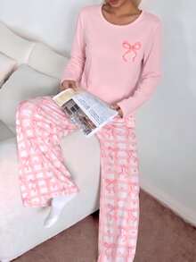 Girls 2026 Fall Winter Warm 2 Pieces Pajama Set, Bow Print Crew Neck Long Sleeve Top & Heart Plaid Soft Pants, Tween Girl Loungewear Homewear - Multicolor - View 4