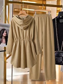Lacomfia Women's Hooded Long Sleeve Cinched Waist Versatile Casual Fashion Autumn/Winter Plus Size Two Pieces Set - Khaki - View 2