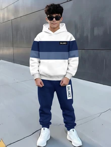 青少年男孩休閒極簡長袖連帽舒適衛衣2件套，適合秋冬穿著 - 彩色 - 查看 1