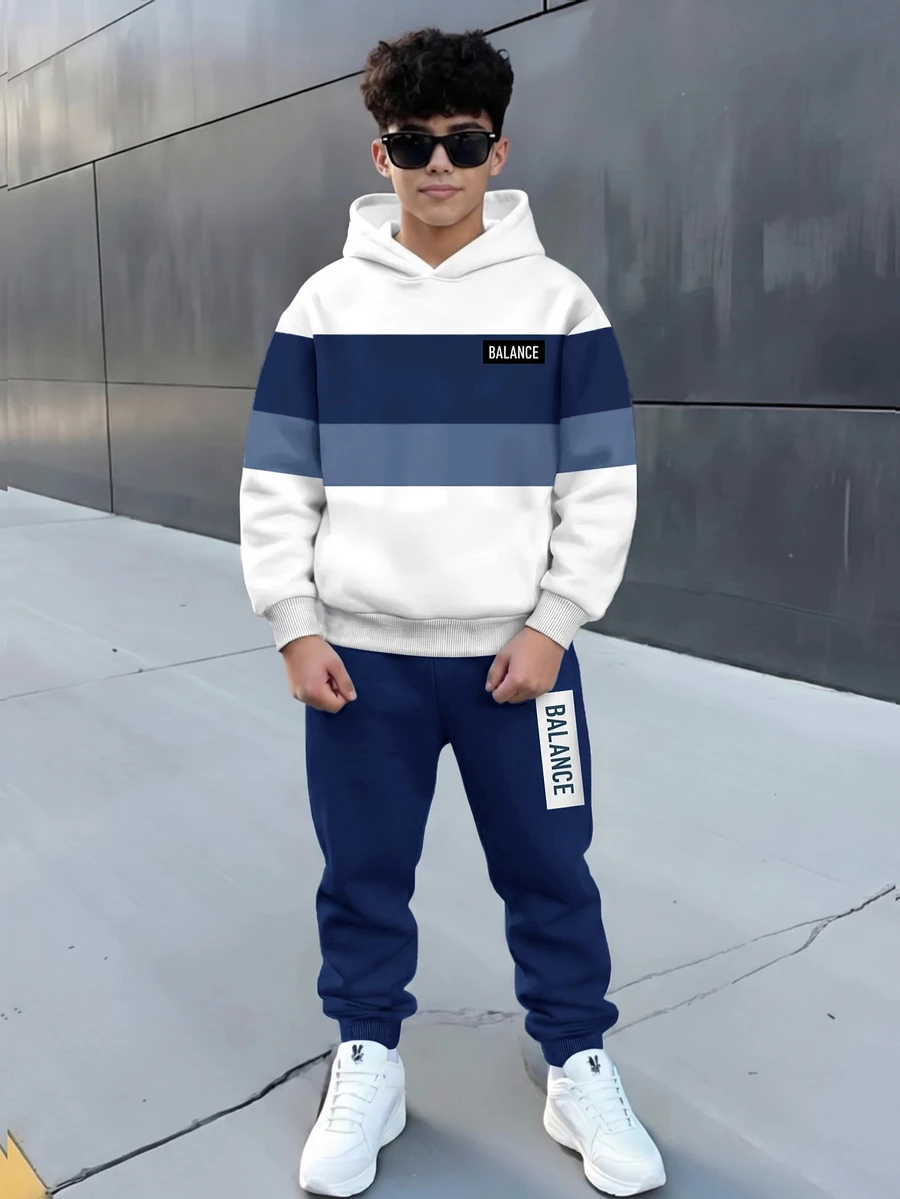 青少年男孩休閒極簡長袖連帽舒適衛衣2件套,適合秋冬穿著 - 彩色 - 查看 1