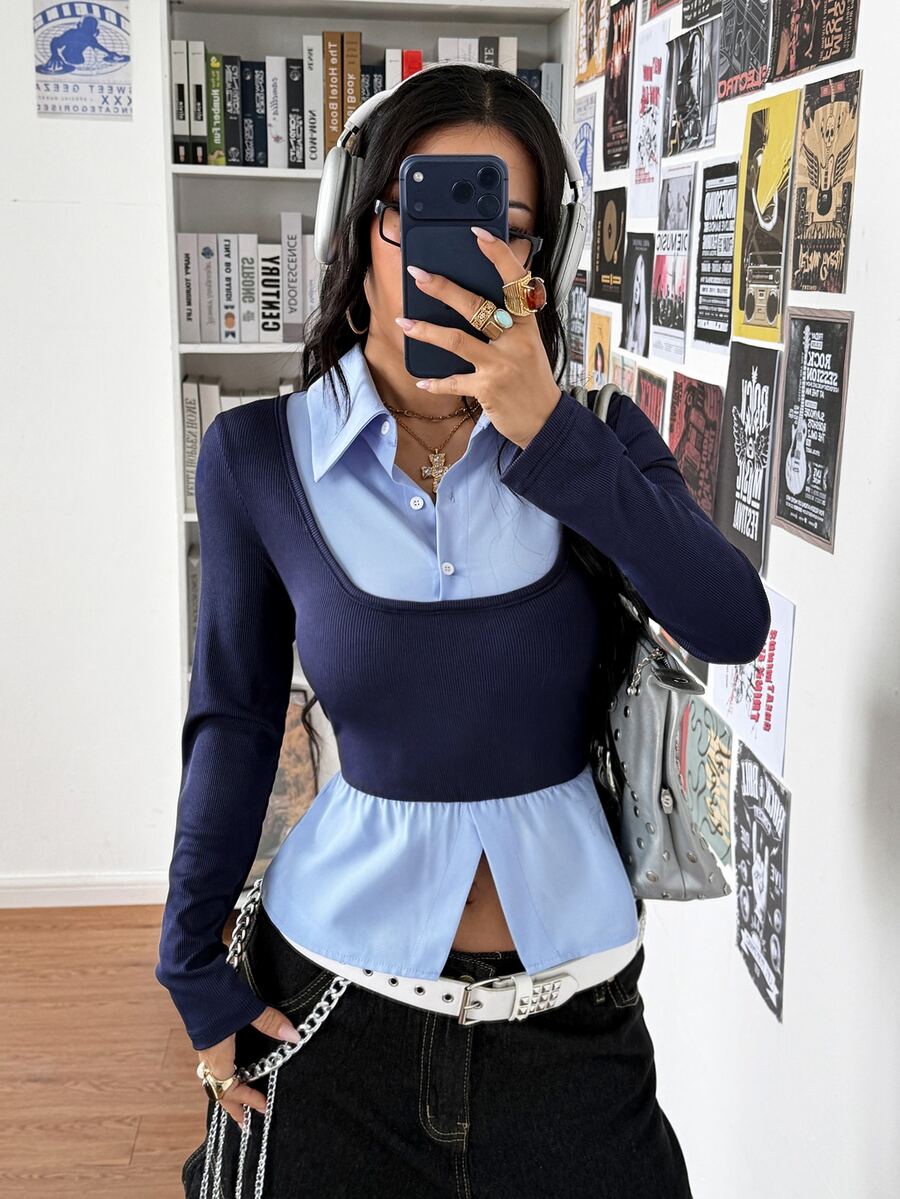 StreetHx Women's Street Streetwear Preppy Retro 2 In 1 Patchwork Slim Fit Shirt Everyday School Navy Blue Fall