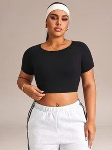 Rhythm Era Kaos Lengan Pendek Wanita Ukuran Besar Warna Polos Kasual untuk Sehari-hari, Bepergian, dan Olahraga - Hitam - View 3