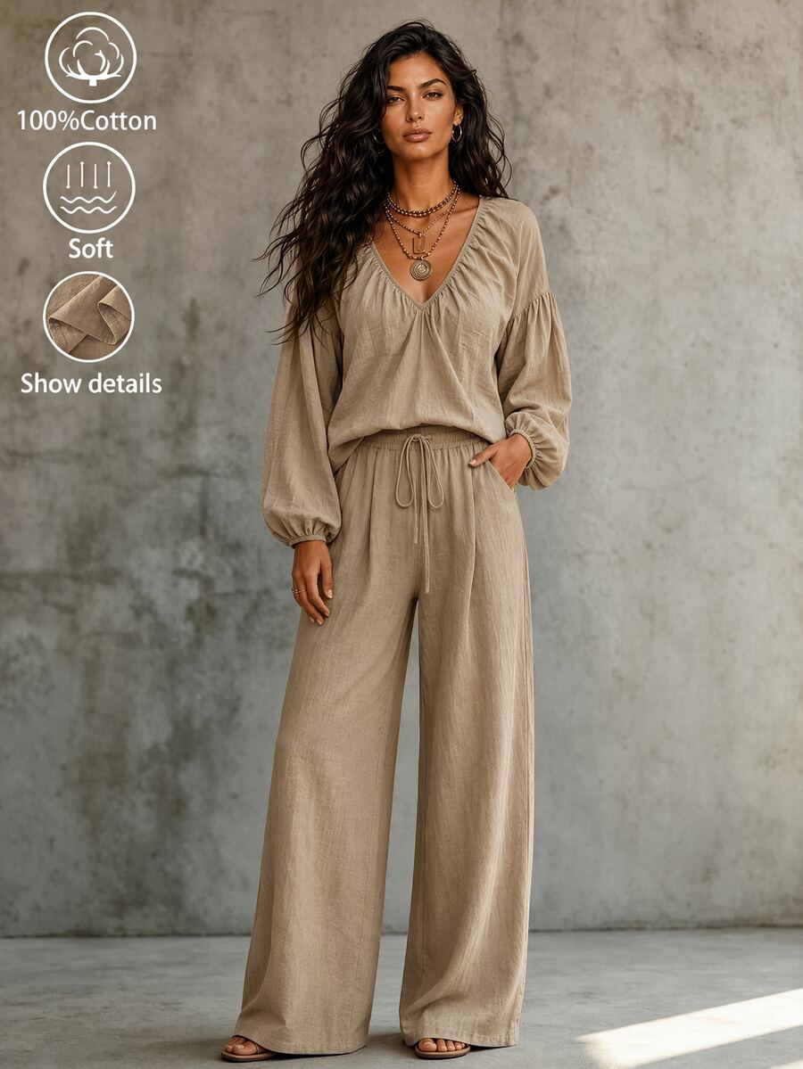 LUMIGAL Women's 2 Pieces Set, Casual Daily Outfit, Solid Color Set - Grey - View 1