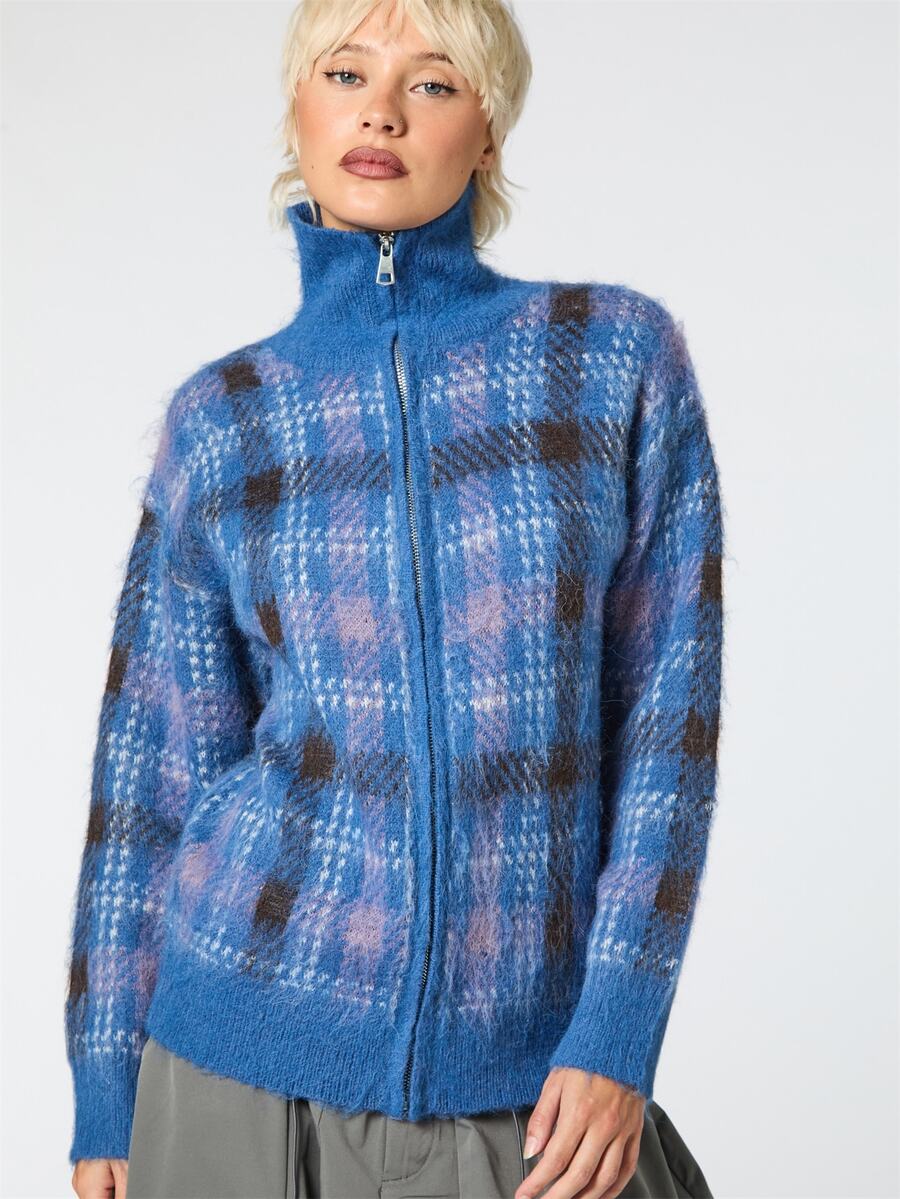 Zip Up Check Jacquard Cardigan Y2K Fall - Blue - View 1