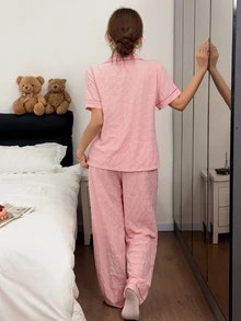 Napfluff Textured Bubble Grid Pocket Embroidered Top And Loose Pants Pajama Set - Pink - View 2