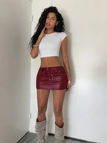 Jeanoix Y2K Women's Solid Color Fashion Ultra Mini Skirt - Burgundy - View 6