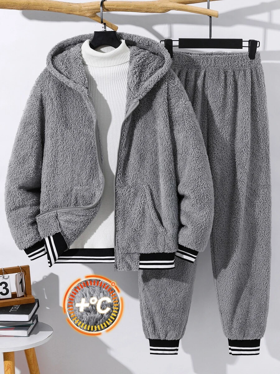 SHEIN 青少年男孩長袖連帽運動套裝 - 灰色 - 查看 1
