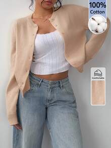 SHEIN BASICS 女款極簡復古單排扣長袖針織開襟衫 - 卡其色 - 查看 5