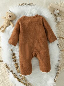 SHEIN 0-12M Unisex Baby Footed Jumpsuit, Bear Applique Patch Ribbed Knit Side Snap Long Sleeve , Spring Autumn Newborn Jumpsuit - Chocolate Brown - View 2