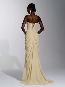 Elitara Elegant Minimalist Classical Chiffon Shawl Strapless Handmade Pleated Fishbone Internal Corset Waist Bodycon Slit Train Long Dress Cream Fall - Yellow - View 5