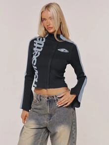 MUSERA Cropped Zip Hoodie Relaxed Fit Sweatshirt Back To School Cosy Cute Casual Everyday Y2K Streetwear Capsule Wardrobe Black Vacation Spring Holiday - Dark Grey - View 2