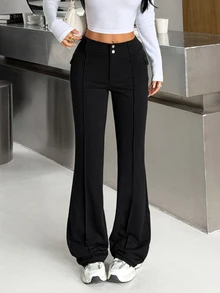 SHEIN EZwear Solid Color Button Knit Women's Long Pants - Black - View 8