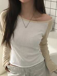 DAZY 女款不對稱肩拼接配色長袖韓系清新女孩毛衣 - 米色 - 查看 4