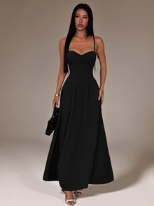 SHEIN PETITE فستان نسائي بلون موحد بحمالات رفيعة طويلة - الأسود - مشاهدة 9