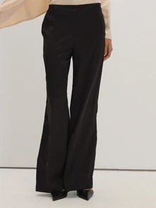 MUSEYN Black Satin Straight Leg Trousers Classy Date Night Chic Evening Fall - Black - View 2