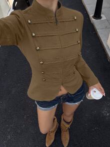 Lavishia 女款淺卡其色修身拉鍊前開拿破崙/軍裝風夾克，夏季穿搭，戶外穿著，鄉村音樂演唱會服飾，夏季上衣 - 咖啡棕 - 查看 7
