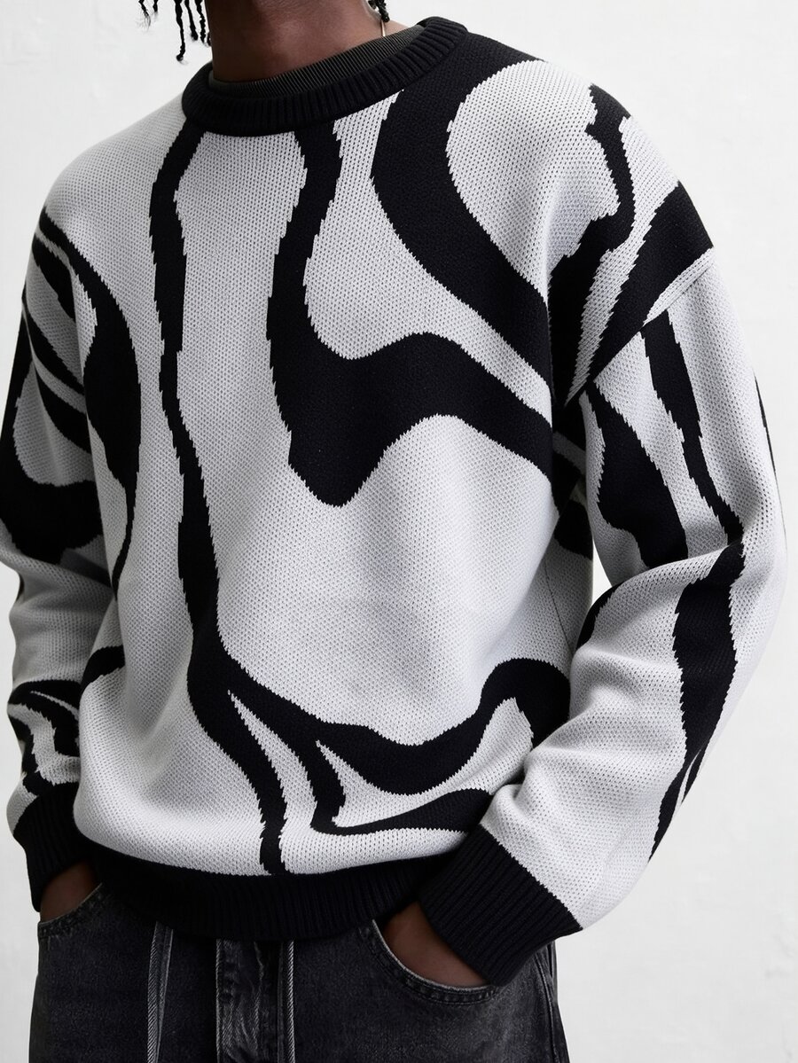 Manfinity Hypemode Men's Crew Neck Long Sleeve Asymmetrical Line Pattern Fashion Versatile Sweater - Black and White - View 1