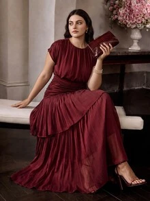 Anewsta Plus Size Women's Summer Elegant Cinched Waist Asymmetrical Ruffle Double Layer Full Skirt Dress For Vacation, Gathering, Party - Burgundy - View 3
