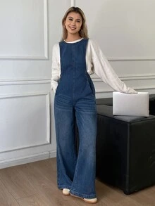 Livesso Autumn Blue Spaghetti Strap Button Washed Loose Pocket Decor Casual Women's Denim Overalls Jumpsuit - Blue - View 5