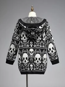ROMWE Goth Vintage Casual Versatile Dark Skull Pattern Plus Size Knit Long Loose Cardigan - Black - View 2