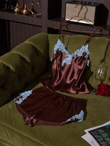 SilkySpell Set Piyama Wanita Seksi Sutra 2 Potong, Baju Tidur Renda Bordir Warna Kontras, Set Piyama Satin Halus - Coffee Brown - View 5
