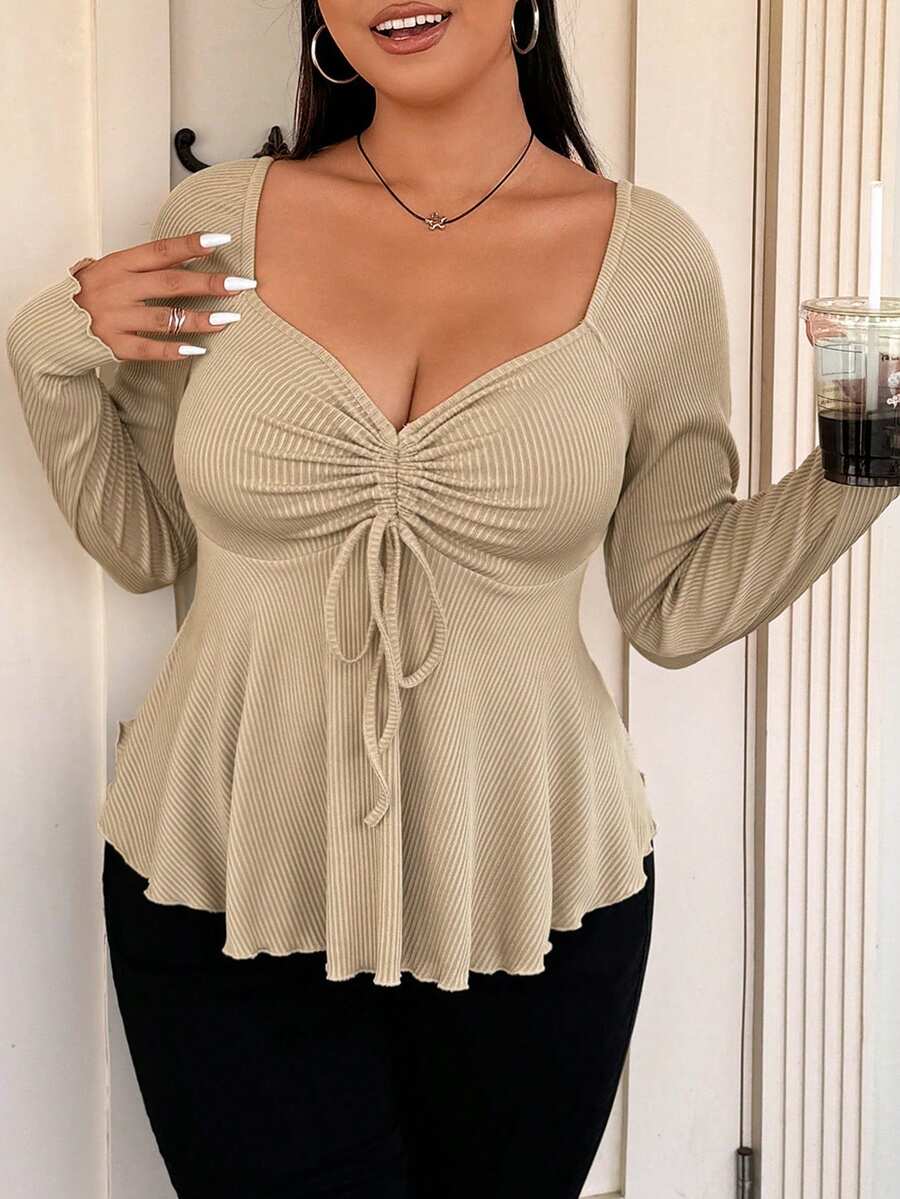 Vionelle Diamond Neckline Front Drawstring Ribbed Plus Size Long Sleeve T-Shirt - Apricot - View 1