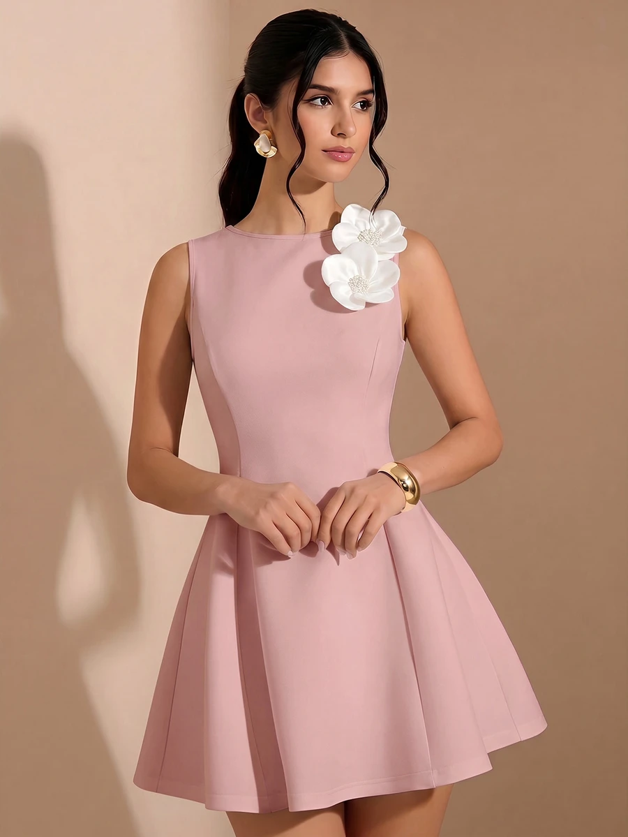 SHEIN Pitira Teen Girls Pink Elegant 3D Floral Decor Waist-Cinching A-Line Sleeveless Dress, Formal Wear - Pink - View 1