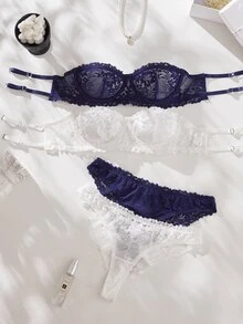 SHEIN White & Blue Strapless Underwire Lace Bra Set, Sweet Feminine Style, 4pcs - Multicolor - View 3