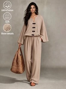 LUMIGAL Set 2 Potong Kemeja Lengan Panjang dan Celana Wanita Musim Gugur Warna Khaki Kasual Serbaguna Modis Nyaman dengan Kancing Katak - Khaki - View 7