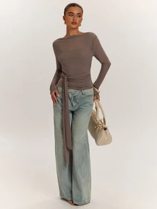 SHEIN BAE 2PCS Women Solid Tie Waist Long Sleeve Tops - Coffee Brown - View 1