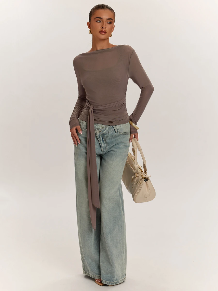 SHEIN BAE 2PCS Women Solid Tie Waist Long Sleeve Tops - Coffee Brown - View 1