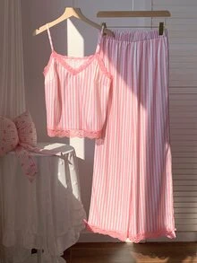 Comfortcana Women's Contrast Lace Striped Camisole Top And Long Pants 2 Pieces Set - Pink - View 3