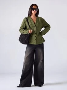 LYSMO Women's V-Neck Long Sleeve Single-Breasted Pocket Design Casual Denim Top - Army Green - View 6