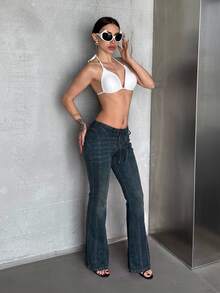 EgrlEra 性感復古綁帶鉚釘低腰牛仔褲 - 深色水洗藍 - 查看 4