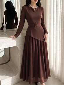 Celisse New Chinese Style Stand Collar Frog Button Flared Long Sleeve, Waist-Cinched Draped Full Skirt Maxi Cheongsam Dress - Dark Brown - View 4