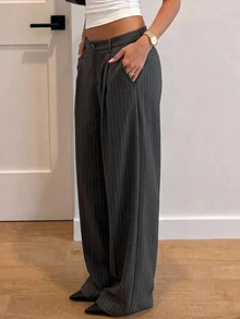 DAZY Women's Dark Grey Vertical Striped High Waist Pocket Pleated Loose Wide Leg Commuter Versatile Casual Long Pants - Black - View 4