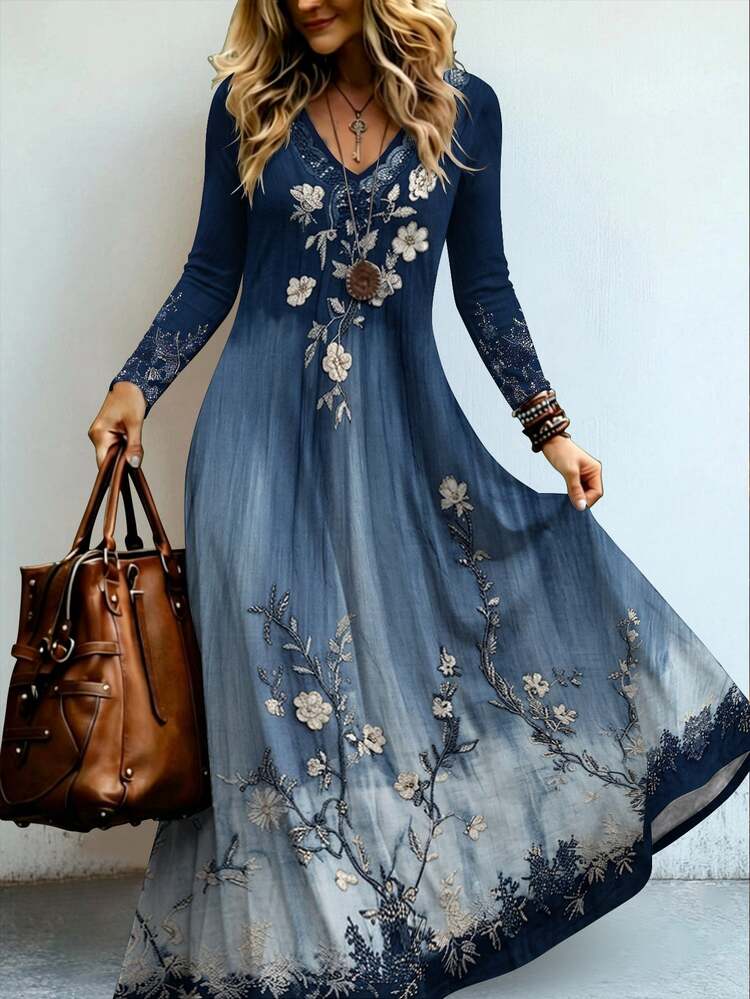 Breezaya Plus Size Women's Gradient Blue Floral Print V-Neck Long Sleeve Maxi A-Line Dress,Casual Fashion Fall Daily Wear Outfit - Multicolor - View 4